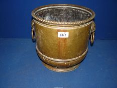 A brass coal bucket with lion handles, 10 1/2" tall.