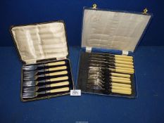 A cased set of silver banded Forks with bone handles by Walker & Hall plus a set of bone handled