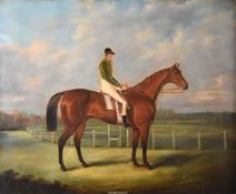 Sam Spode, a gilded framed Oil on canvas, very ably portraying a Bay Horse on a racecourse,