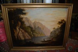 A gilded framed Oil on board, a rugged river landscape with cliffs,