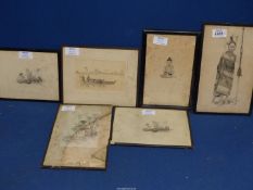 Six small framed Etchings to include; 'A Naga Chief', 'A Burmese Child', 'A Burmese Paddy Boat',