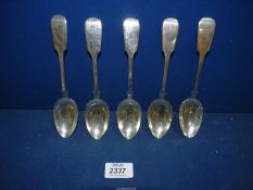 A set of five Silver dessert Spoons, makers Josiah William & Co., Exeter, possibly 1855, 168g.