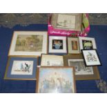 A quantity of pictures to include; floral still life Prints, a Pocock Lithograph of Goytre Church,