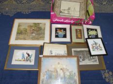 A quantity of pictures to include; floral still life Prints, a Pocock Lithograph of Goytre Church,