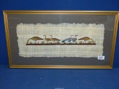 A framed painting of Geese on Papyrus paper, initialed 'MA', 24 1/4" x 13 1/2" including frame.