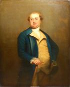 A framed Oil on canvas Portrait of a portly Gentleman with early hair styles and wearing a blue