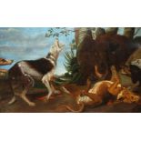 After Paul De Vos, a framed Oil on canvas of a group of dogs confronting a wild boar,