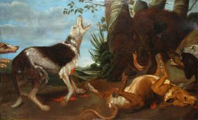 After Paul De Vos, a framed Oil on canvas of a group of dogs confronting a wild boar,