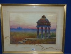 A large framed and mounted Watercolour depicting a Temple on a grassy knoll overlooking a city at