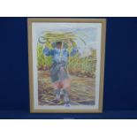 A modern framed Watercolour depicting a Peruvian lady carrying the harvest home,