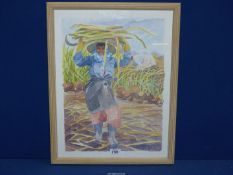 A modern framed Watercolour depicting a Peruvian lady carrying the harvest home,