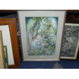 A large framed and mounted coloured Charcoal Drawing depicting a garden scene with a tree lined