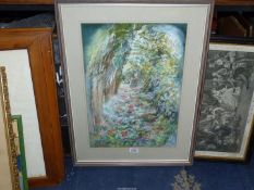 A large framed and mounted coloured Charcoal Drawing depicting a garden scene with a tree lined