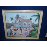 A framed Oil on board depicting an Indian family and valet in a garden scene,