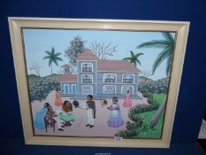 A framed Oil on board depicting an Indian family and valet in a garden scene,