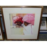 A large wooden framed and mounted Watercolour depicting two Indian gentlemen in discussion,