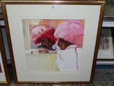 A large wooden framed and mounted Watercolour depicting two Indian gentlemen in discussion,