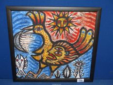A modern framed Oil on canvas Abstract depicting a cockerel, a face, a fish, etc, signed 'Garrote',