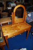 A Pine dressing table with table top mirror, 3' wide x 29" high.
