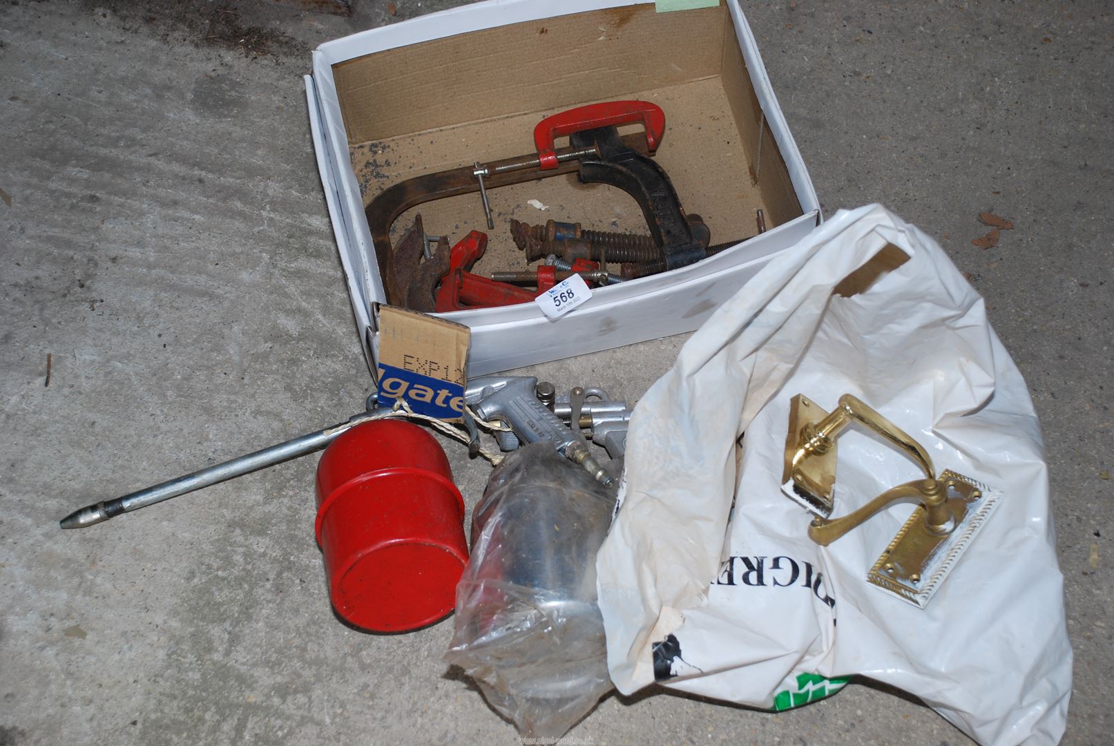 Bag of brass door handles, air spray gun (as new),