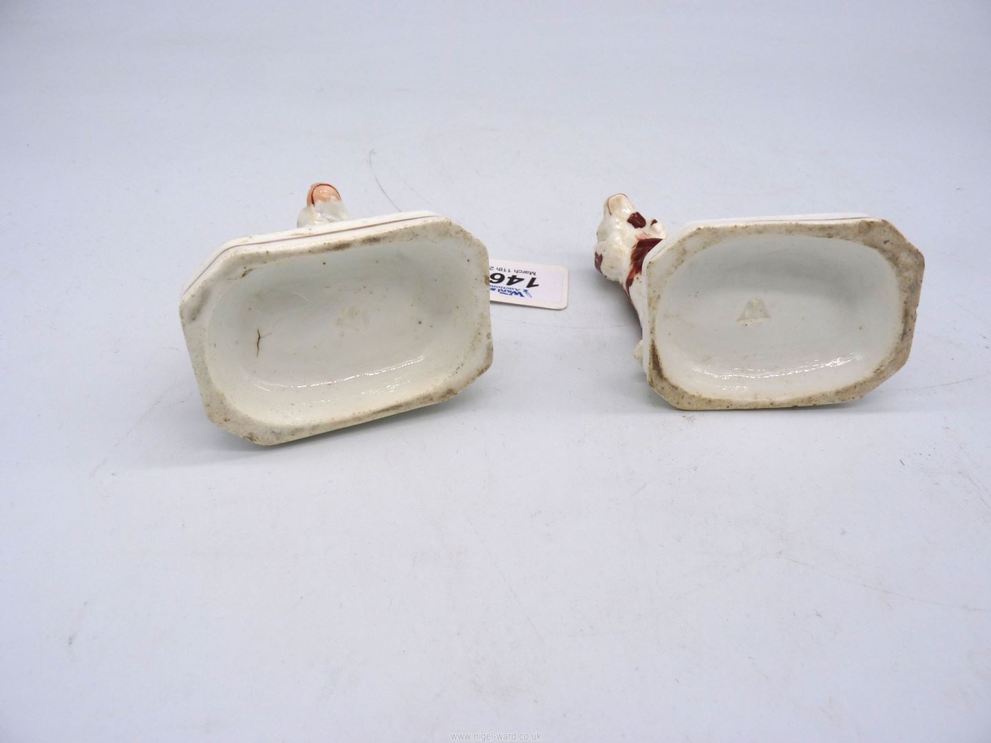 A pair of Staffordshire style miniature Mantle Spaniels, impressed 'W' to base, some small cracks, - Image 2 of 4