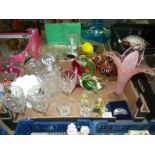A quantity of glass including large pink vase, green glass duck, cranberry bonbon dish,