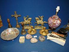A quantity of miscellanea including Cloisonne lamp, bells, carved tortoise shells,