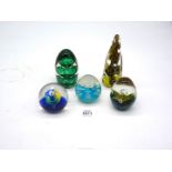 Five glass Paperweights including Avondale glass, green conical blue etc.