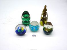 Five glass Paperweights including Avondale glass, green conical blue etc.