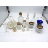 A small quantity of glass including condiments and stand, sugar cube jars, small decanters,