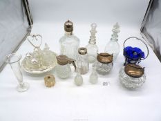 A small quantity of glass including condiments and stand, sugar cube jars, small decanters,