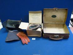A child's leather and card briefcase and a boxed gas mask/respirator, a/f.