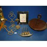 A quantity of miscellanea including wooden lazy Susan, pair of wrought iron wall sconces,