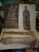 A roll of three large 1920's brass rubbings mounted on linen, each labelled with the year,