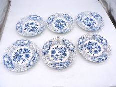 A rare set of 6 Meissen blue and white 'onion pattern' pierced edge plates, mid-19th century,