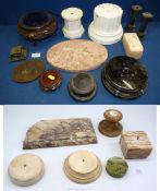 A selection of antique and vintage stands marble, Chinese hardwood, treen, ceramic- some damages.