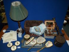A quantity of dressing table items including pair of twist candlesticks (one with green shade),
