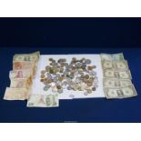 A quantity of foreign coins and notes including American dollars, Kroner, cents, tokens, Spain,