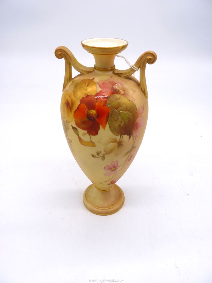 A Grainger & Co Royal China Works Worcester blush ivory baluster vase with floral decoration,