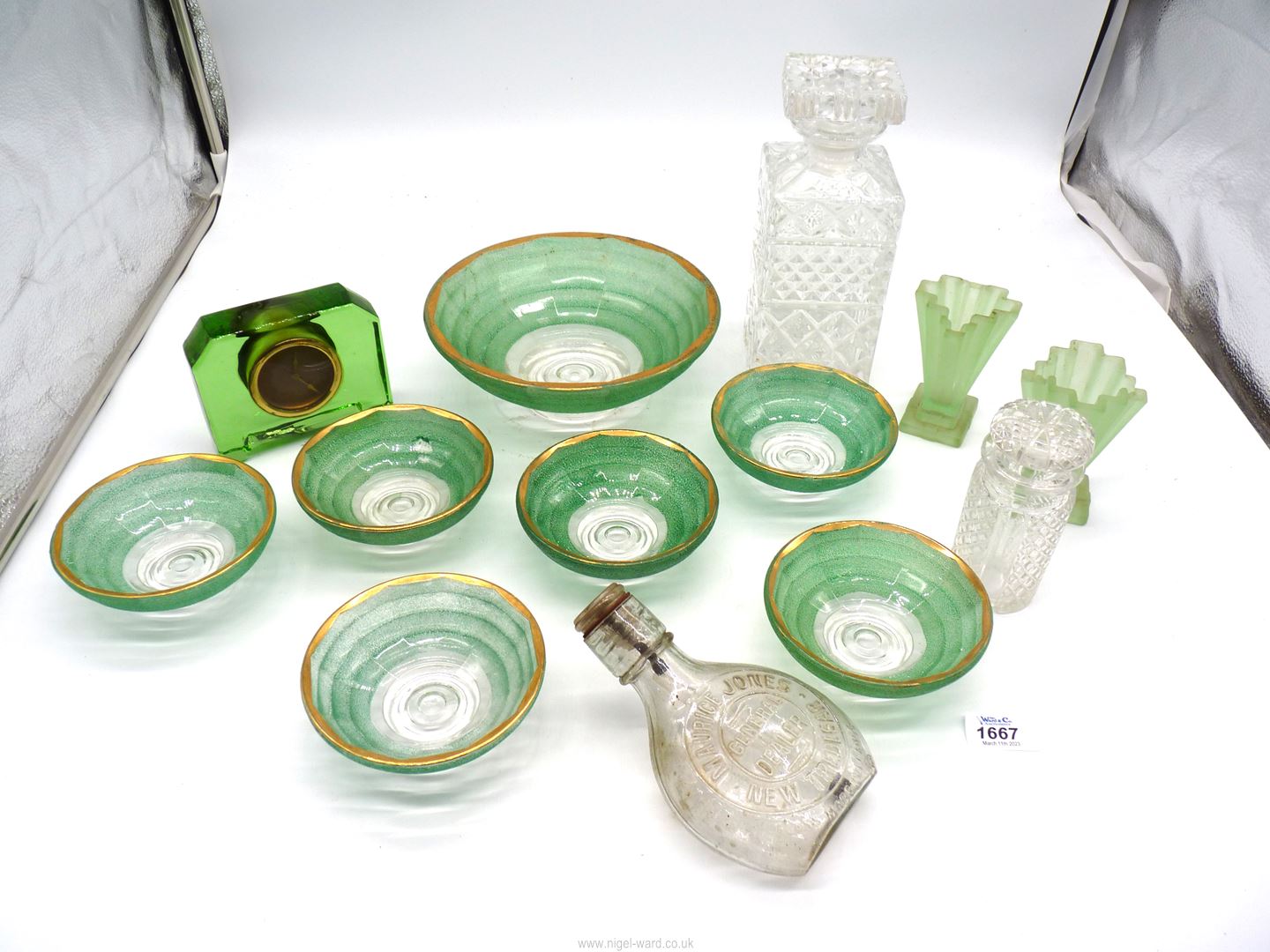 A green glass Fruit set, decanter etc.