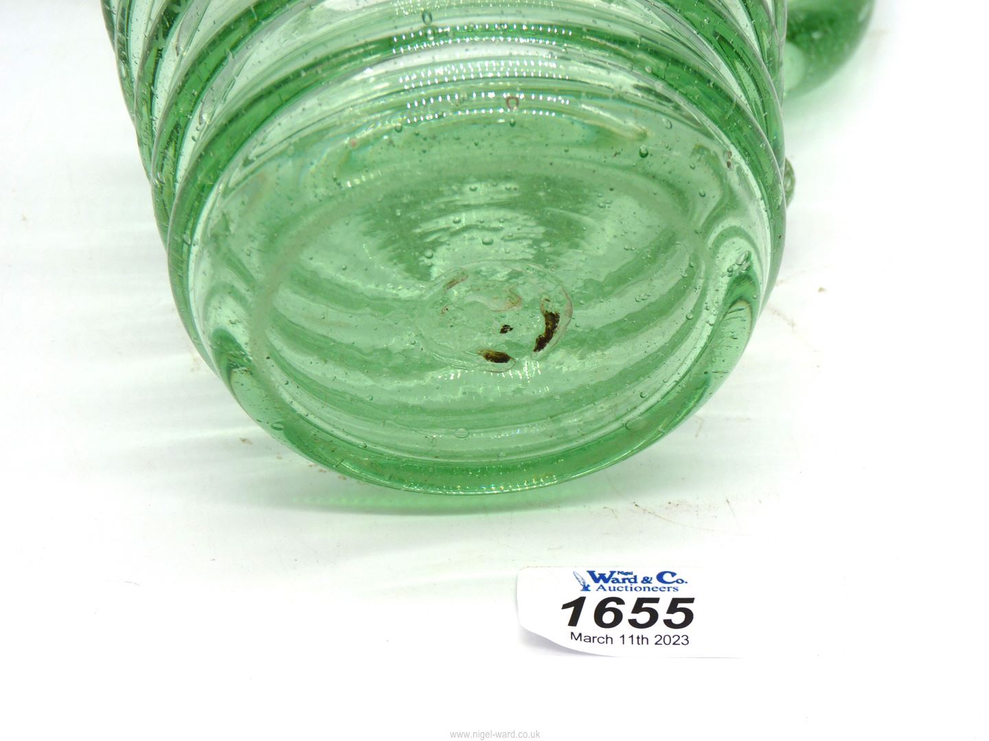 A hand blown green glass jug, - Image 2 of 3