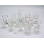 A small quantity of sherry/port glasses, plus an handled etched glass.