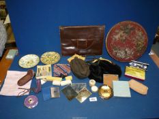 A quantity of miscellanea including purses, compacts, needle cases, beaded footstools,