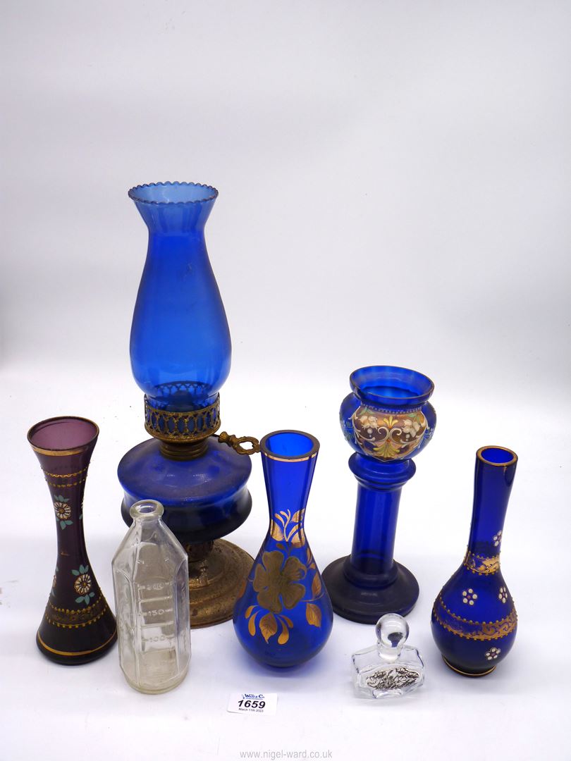 A small quantity of blue glass including painted vases and oil lamp, - Image 2 of 2