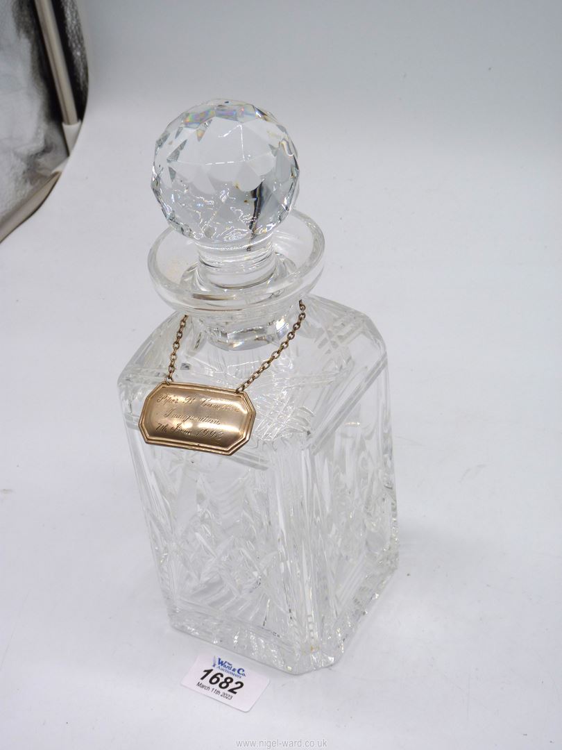 A cut glass Stuart Crystal square Decanter with stopper having a silver (Sheffield) decanter label - Image 2 of 3