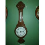 A dark wood framed Banjo Barometer/thermometer, no makers name.