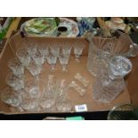 A matching set of lemonade, liqueur and sherry glasses, square decanter (chip to base),