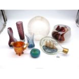 A small quantity of coloured glass including a signed Karlin Rushrooke Studio glass bowl,