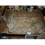 A quantity of miscellaneous glasses including etched, cognac, decanters etc.