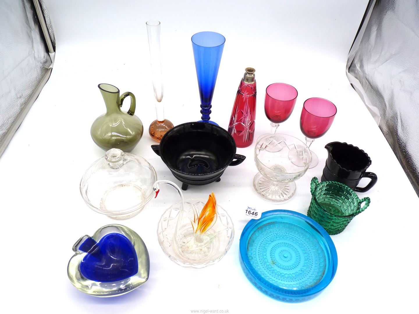 A small quantity of mostly coloured glass including a cut glass cranberry scent bottle (no stopper)